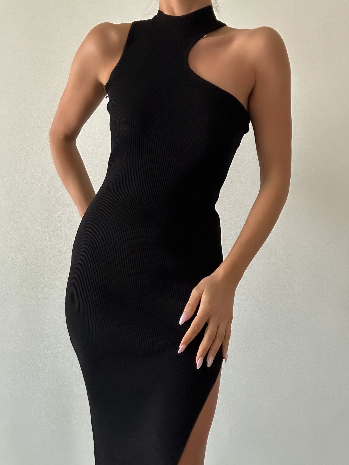 Malden One Shoulder Midi Dress  - Black
