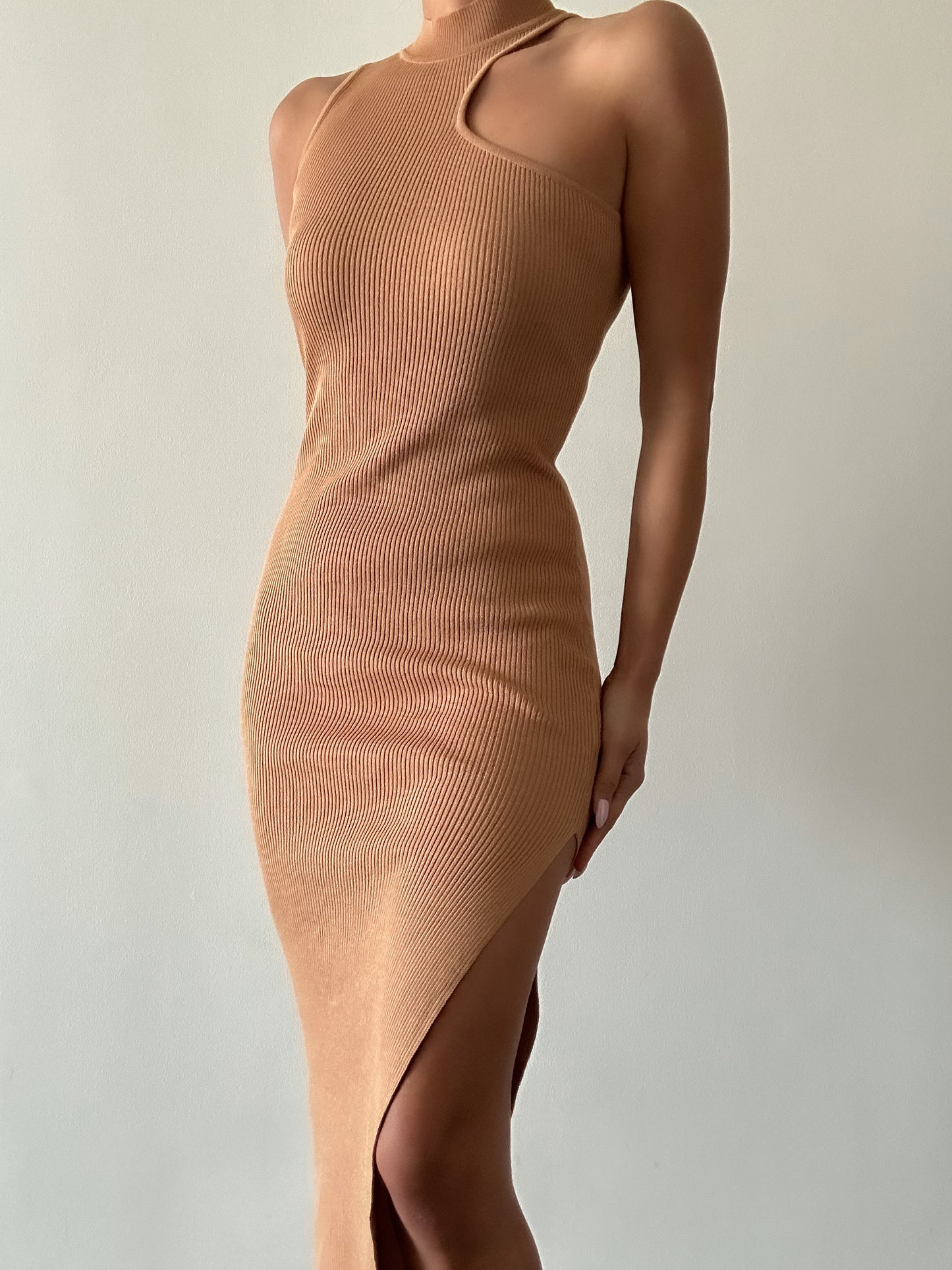 Malden One Shoulder Midi Dress  - Tan