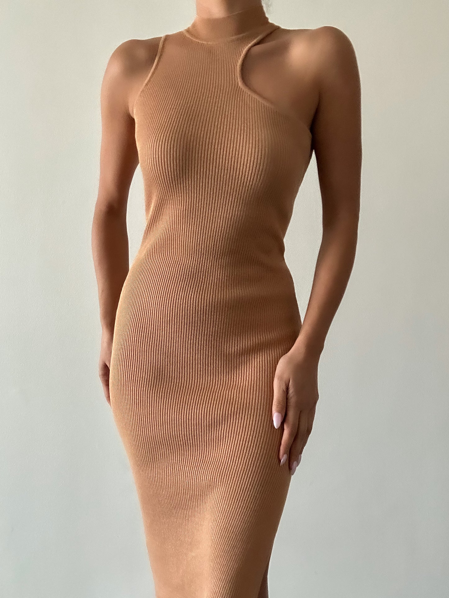 Malden One Shoulder Midi Dress  - Tan